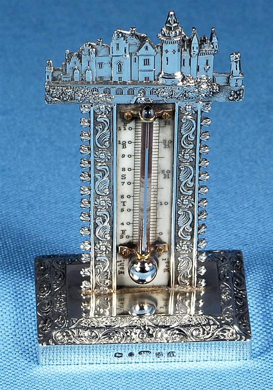 A rare William IV novelty silver castle top thermometer, by Joseph Wilmore, Height 94mm Gross weight 1oz/33grms